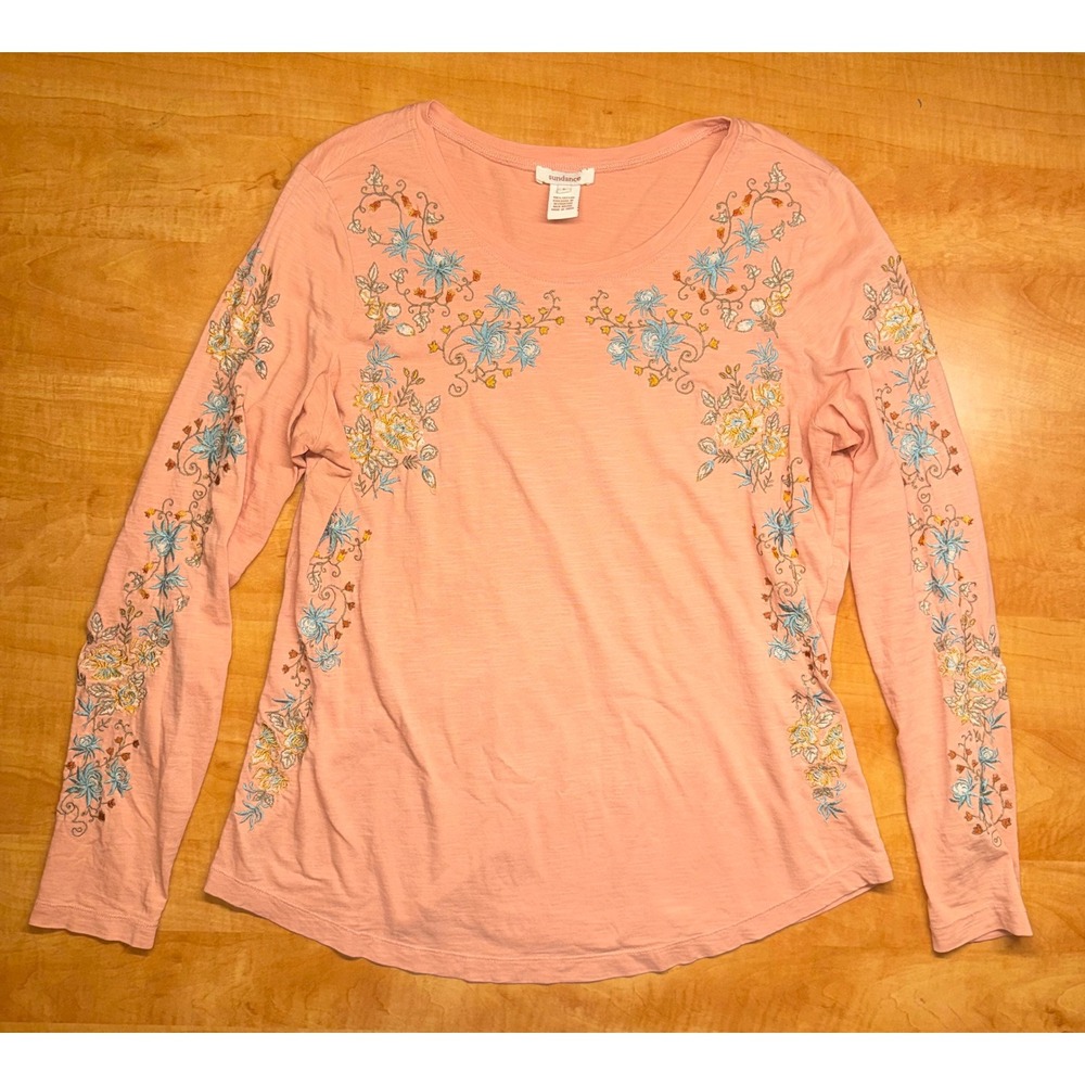 Sundance Womens Peach Floral Embroidered Long Sleeve Cotton Slub T-Shirt L